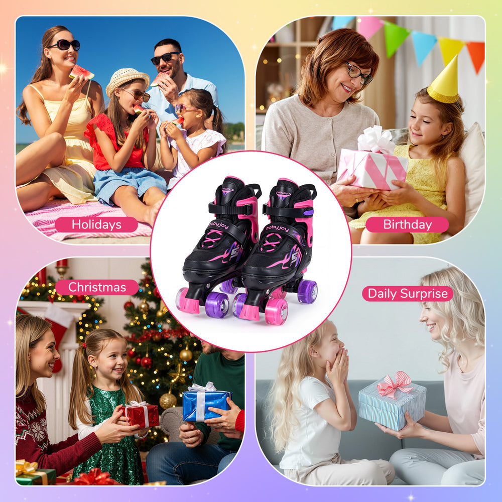 Kids adjustable roller skates in pink with light-up wheels, perfect for fun and safe skating experiences.