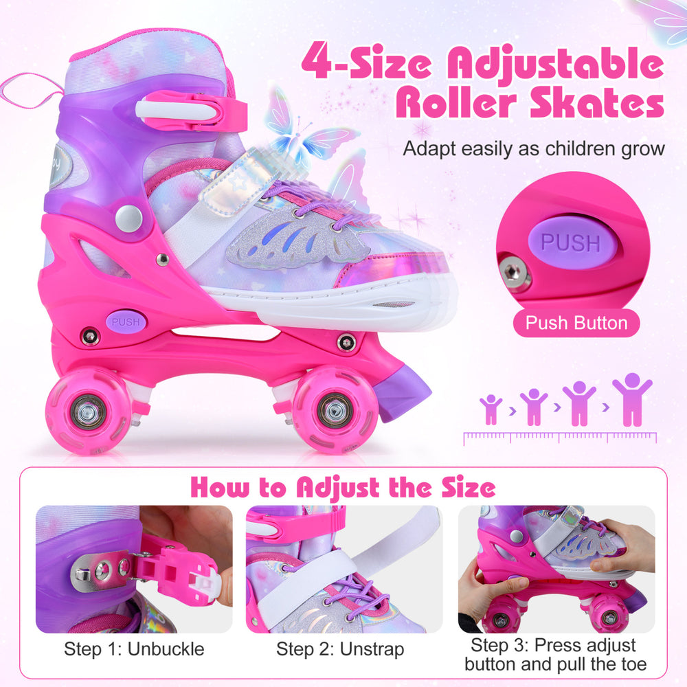 Kids roller skates in pink with adjustable 4-size design and light-up wheels, perfect for toddlers ages 7-9.