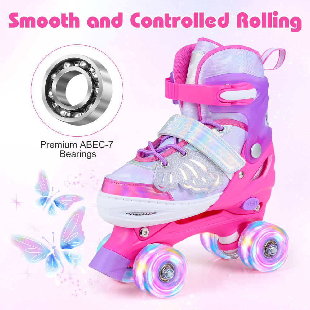 Kids roller skates in pink with light-up wheels, featuring adjustable sizes and premium ABEC-7 bearings for smooth.
