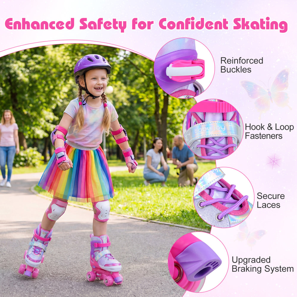 Kids roller skates in pink with light-up wheels, featuring reinforced buckles and a secure fit for safe skating.