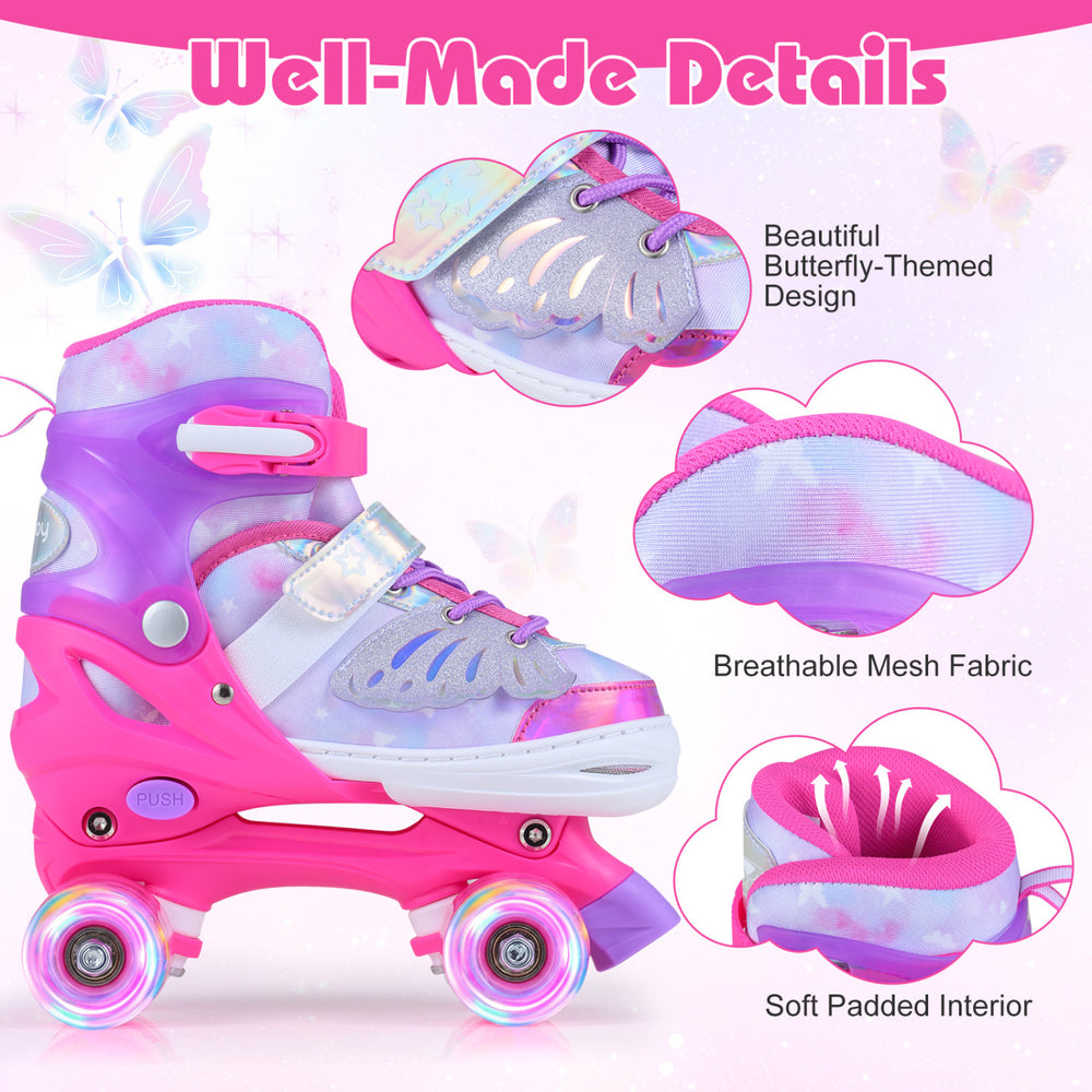 Kids roller skates in pink with butterfly design, featuring adjustable sizing, breathable mesh, and light-up wheels for.