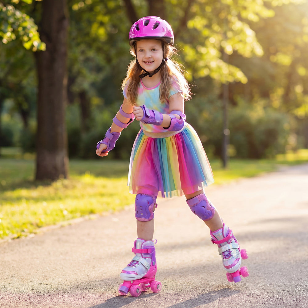 Colorful kids roller skates in pink with light-up wheels, perfect for toddlers ages 7-9, designed for outdoor fun.