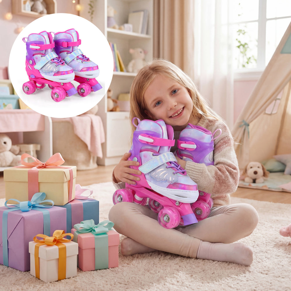 Kids roller skates in pink with light-up wheels, featuring adjustable sizing and a butterfly design for toddlers ages.