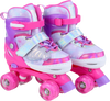 Kids roller skates in pink with adjustable size, light-up wheels, and butterfly design, perfect for toddlers ages 7-9.