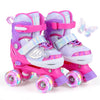 Kids roller skates in pink with butterfly design, featuring adjustable sizing and light-up wheels for toddlers ages 5-7.