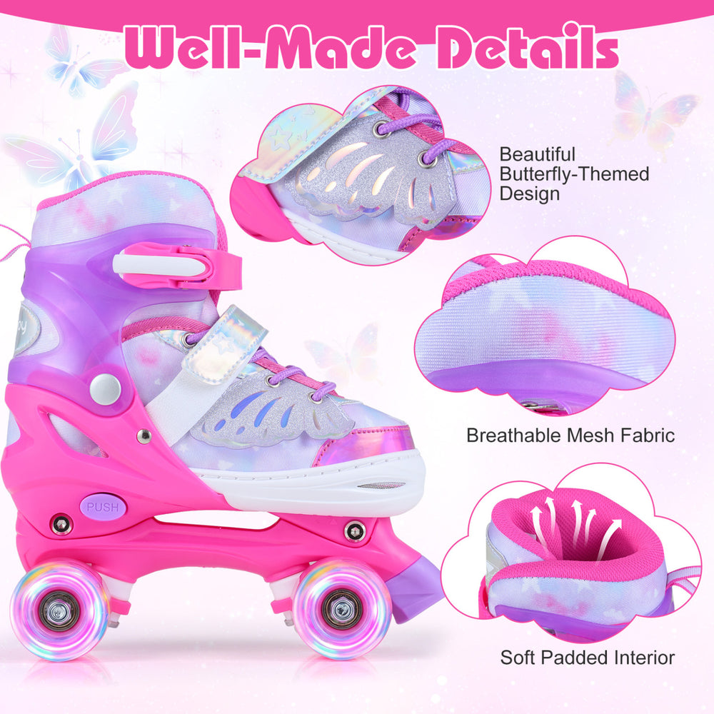 Kids roller skates in pink with butterfly design, featuring adjustable sizing, breathable mesh, and light-up wheels for.