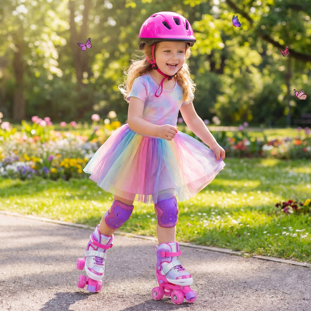 Colorful kids roller skates in pink with light-up wheels, perfect for toddlers ages 5-7, ideal for outdoor fun.