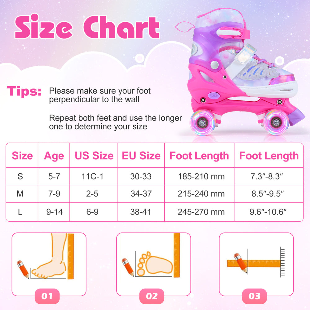 Kids roller skates in pink with adjustable sizing, light-up wheels, and a butterfly design, perfect for toddlers ages.