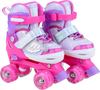 Kids roller skates in pink with adjustable sizing, light-up wheels, and butterfly design for toddlers ages 5-7.