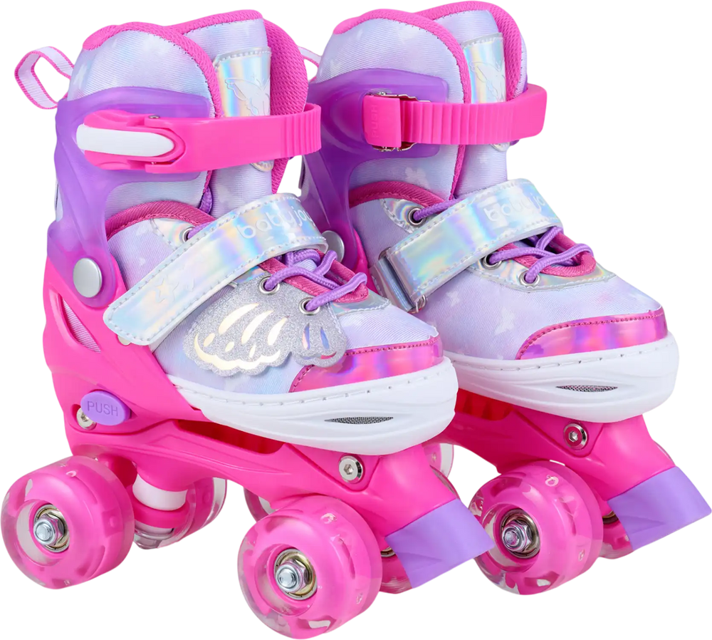 Kids roller skates in pink with adjustable sizing, light-up wheels, and butterfly design for toddlers ages 5-7.