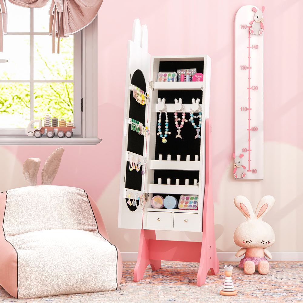 Kids room furniture set featuring a white vanity table with a full-length mirror and storage for jewelry and cosmetics.