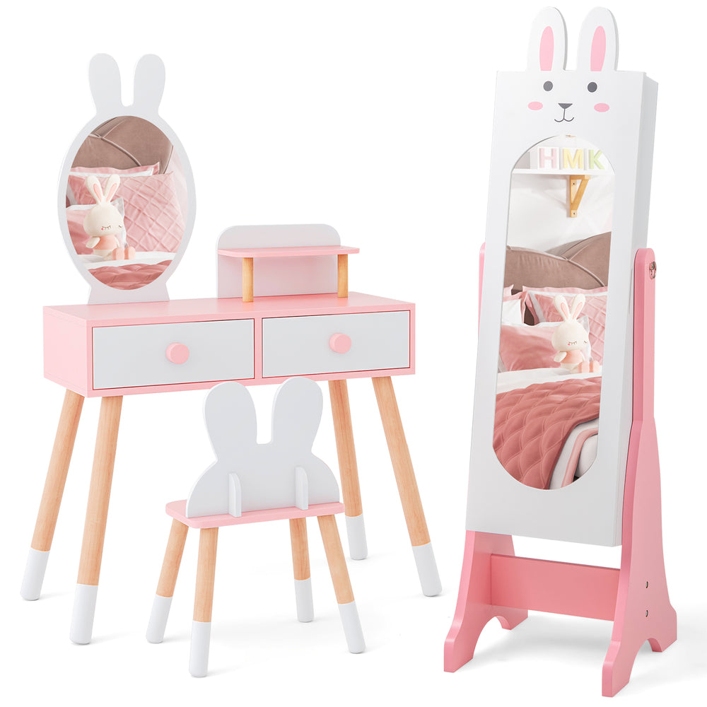 Kids room furniture set featuring a pink vanity table with mirror, two drawers, and a matching ergonomic chair.