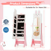 Kids vanity table and chair set in white with full-length mirror, storage drawers, and safety features for ages 3+.