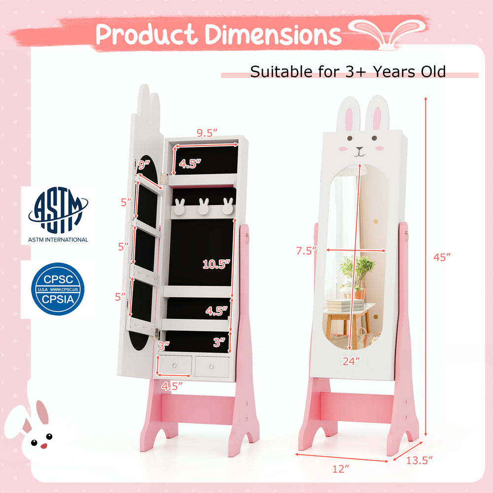 Kids vanity table and chair set in white with full-length mirror, storage drawers, and safety features for ages 3+.