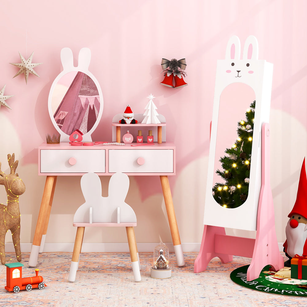 Kids room furniture set featuring a pink vanity table with mirror, chair, and festive decorations for a playful space.