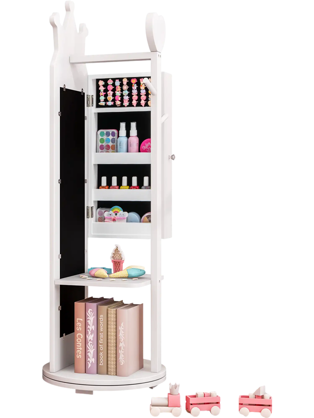Princess vanity table set with mirror and storage, featuring a 360° swivel jewelry cabinet for kids' room organization.