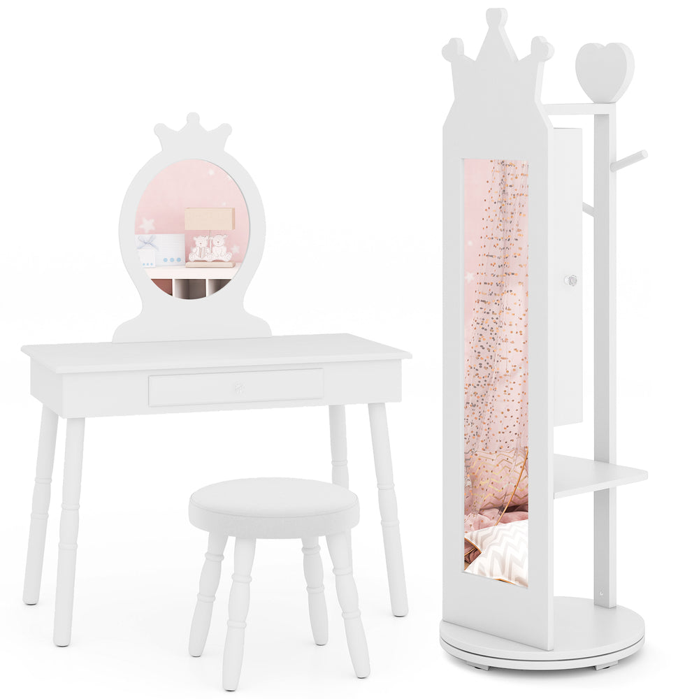 Kids room furniture set featuring a white princess vanity table with mirror, stool, and jewelry cabinet for organized.
