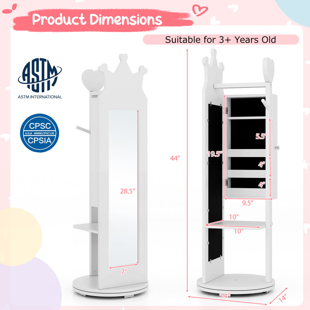 Kids vanity table and stool set in white with full-length mirror, 360° swivel design, and ample storage for jewelry.