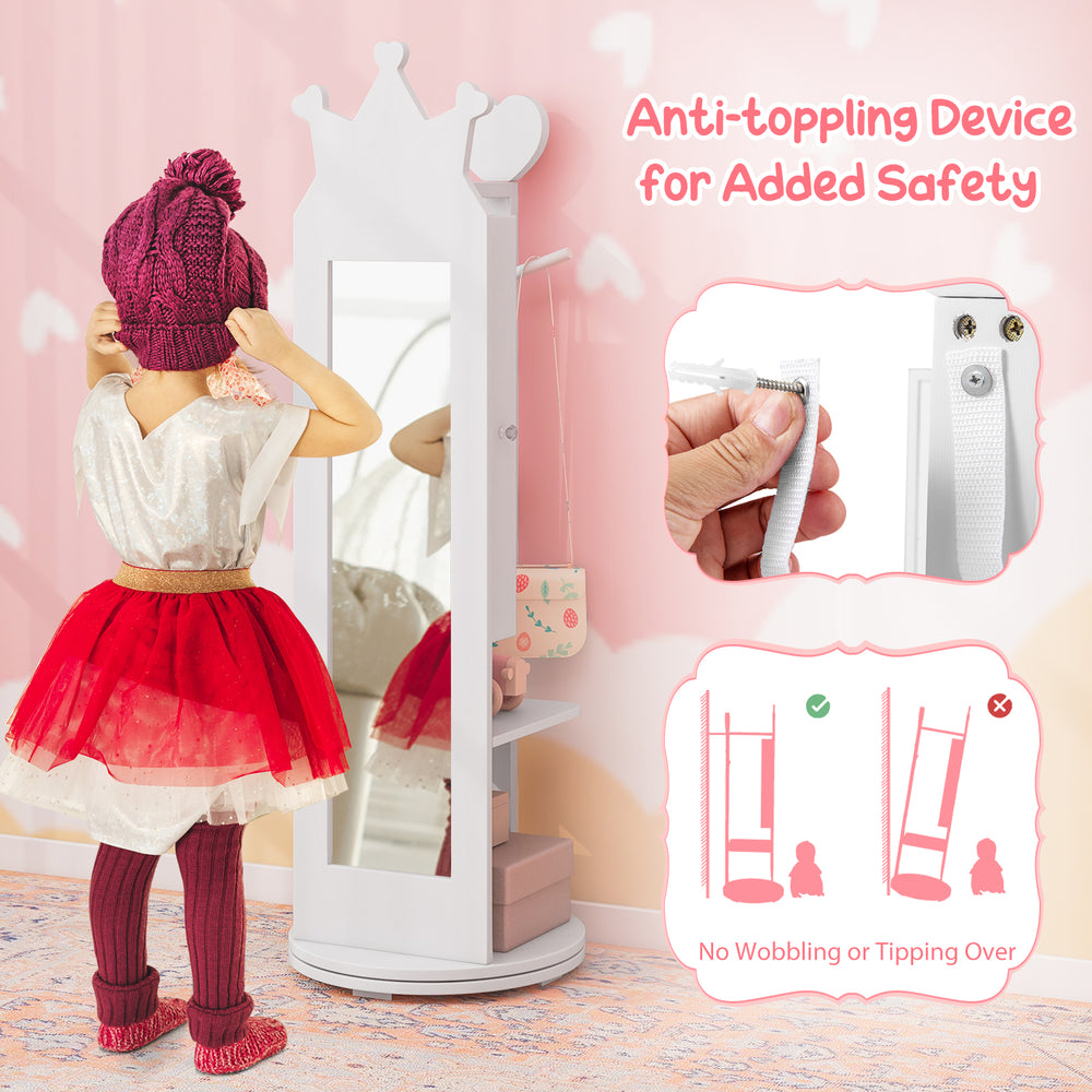 Kids vanity table set with mirror and anti-toppling device, designed for safety and large storage in white finish.