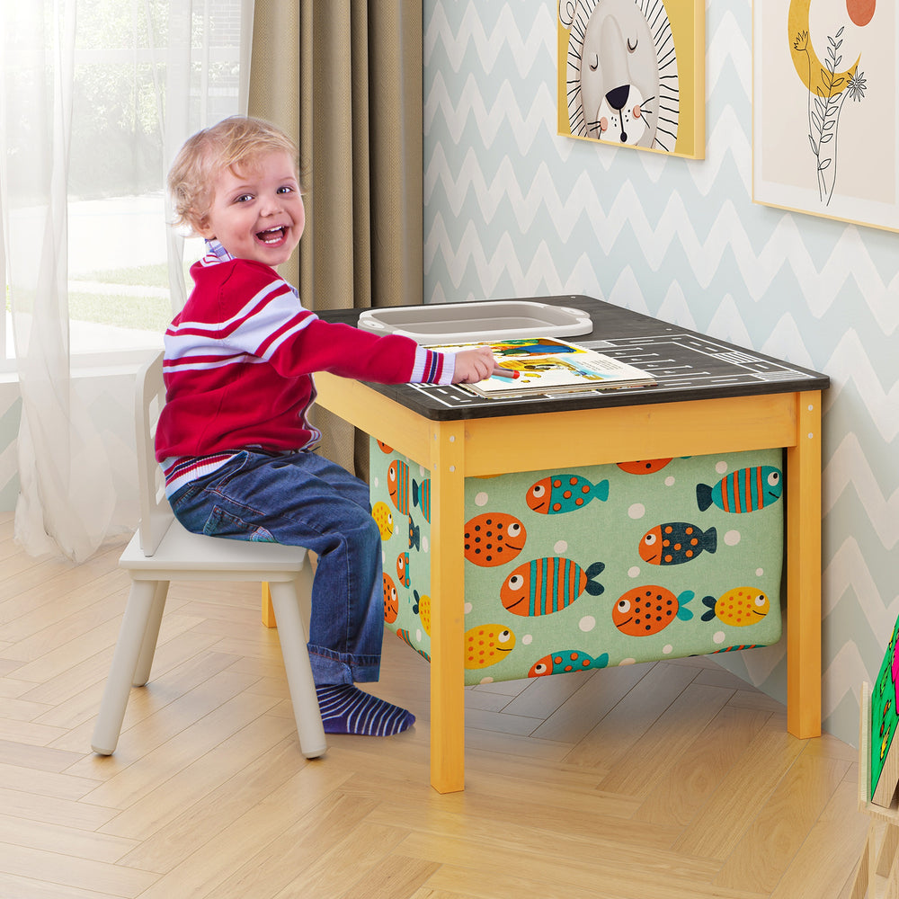 Kids 3-in-1 sand and water activity table with removable racing tabletop and foldable storage bin for fun playtime.