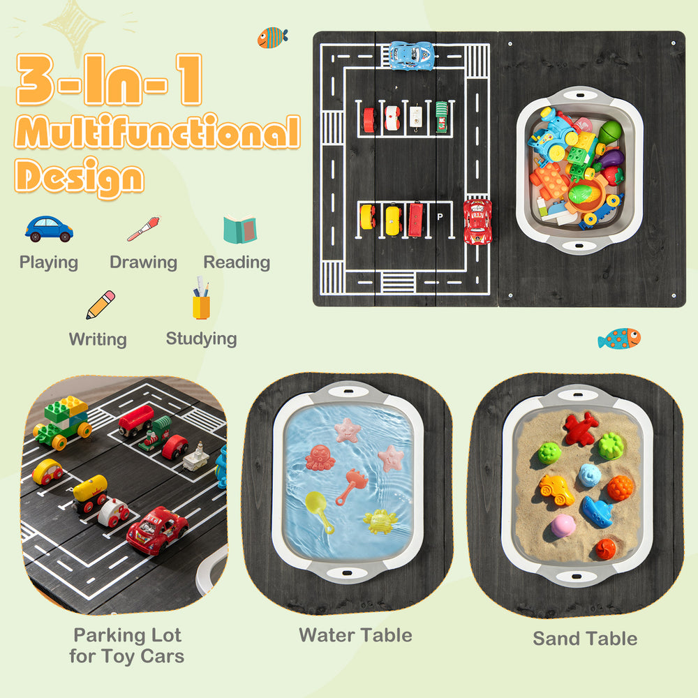 3-in-1 kids sand and water activity table with removable racing tabletop and built-in storage bin for outdoor fun.
