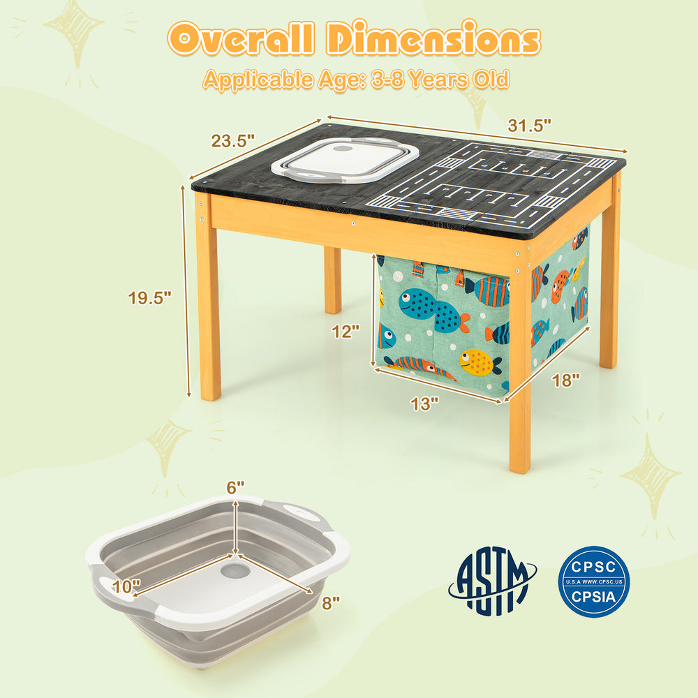 3-in-1 kids sand water activity table with removable racing tabletop, built-in storage bin, and sturdy fir wood frame.