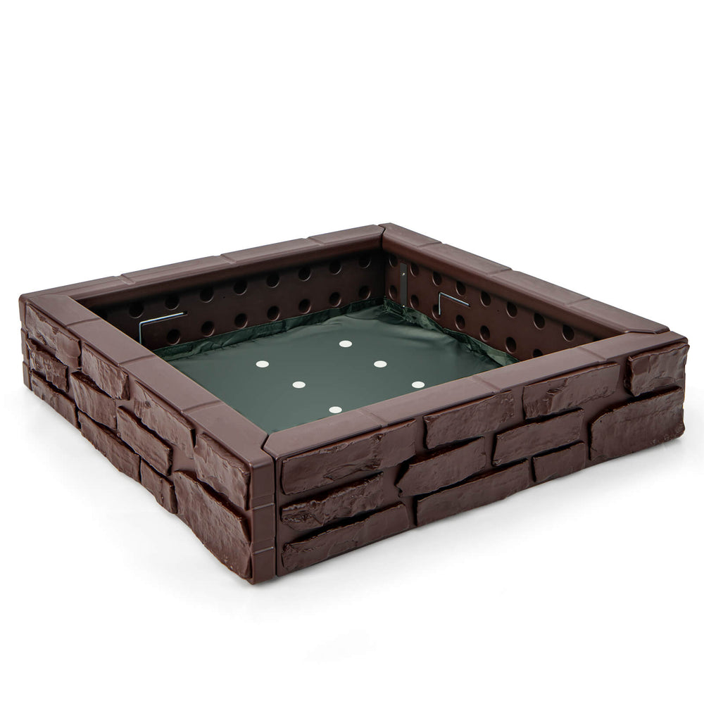 Brown 2-in-1 HDPE kids sandbox with cover and bottom liner, perfect for outdoor play and creativity for 1-4 children.
