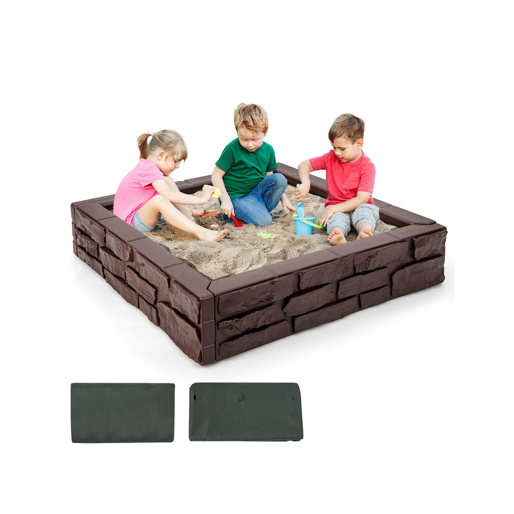 Kids playing in a brown 2-in-1 HDPE sandbox with cover, designed for outdoor fun and creativity, suitable for ages 3-12.