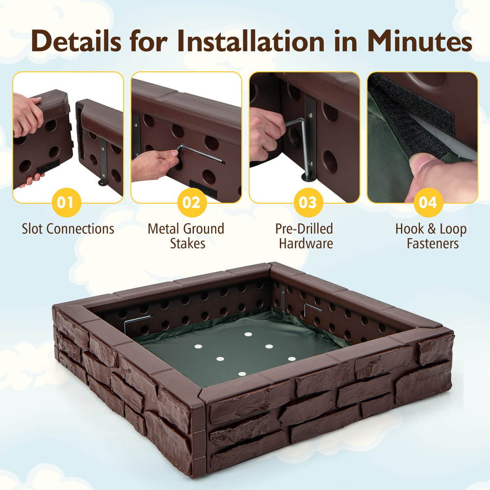 Kids sandbox with cover in brown, featuring easy installation details like slot connections and metal ground stakes.