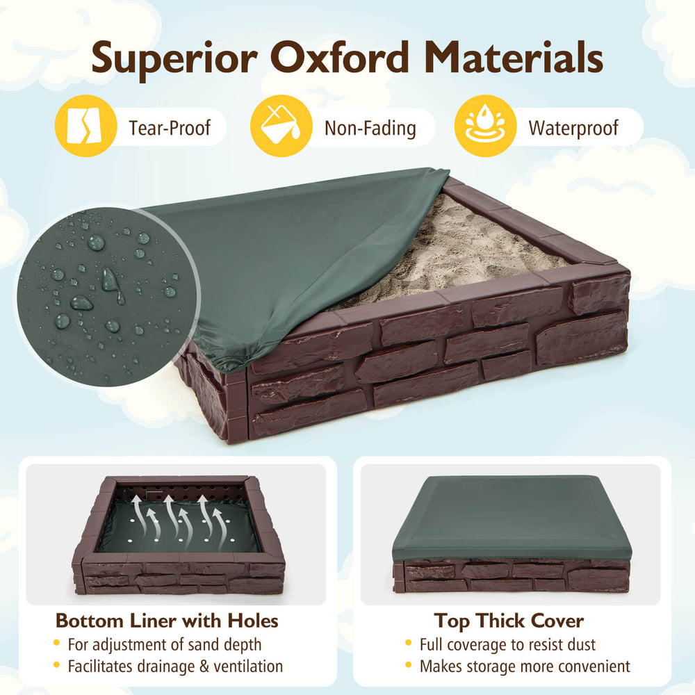 Brown kids sandbox with waterproof cover and bottom liner, designed for 1-4 children aged 3-12, ideal for outdoor play.