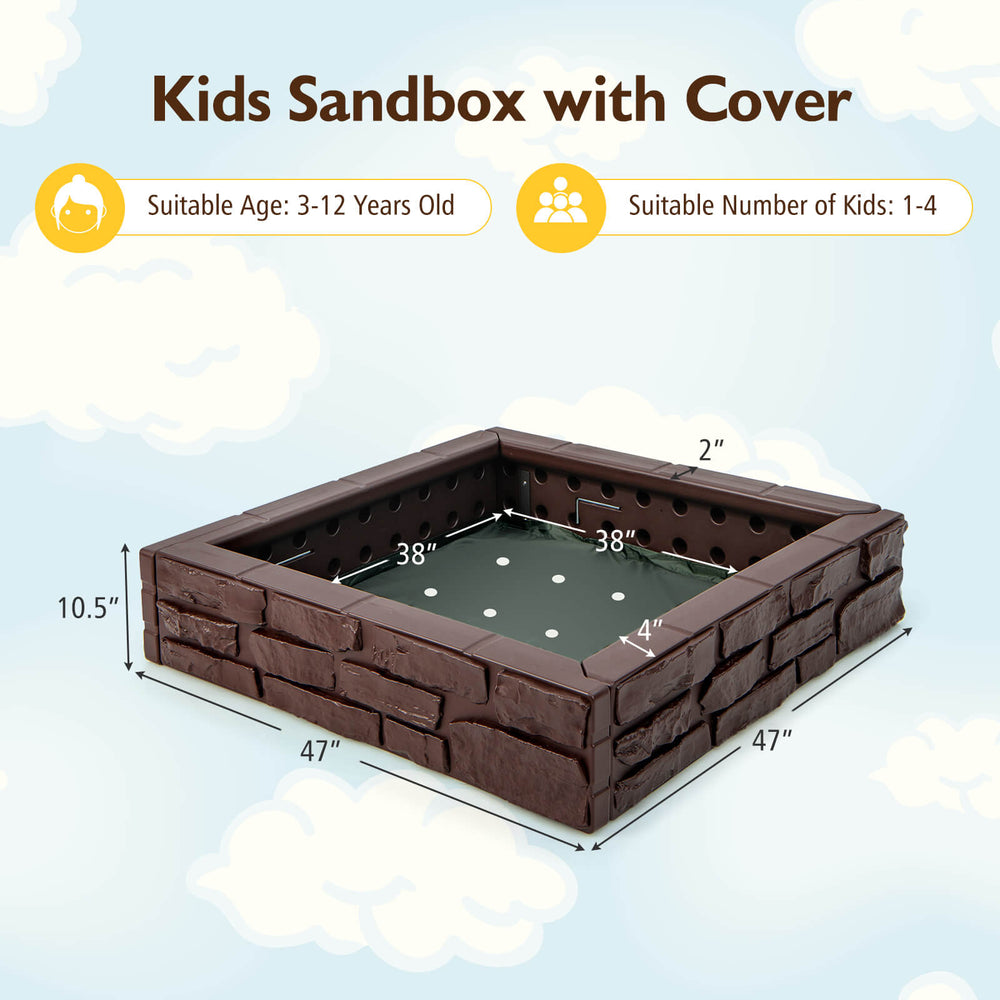 Kids sandbox with cover in brown, featuring a durable HDPE frame and bottom liner for drainage, suitable for 1-4.