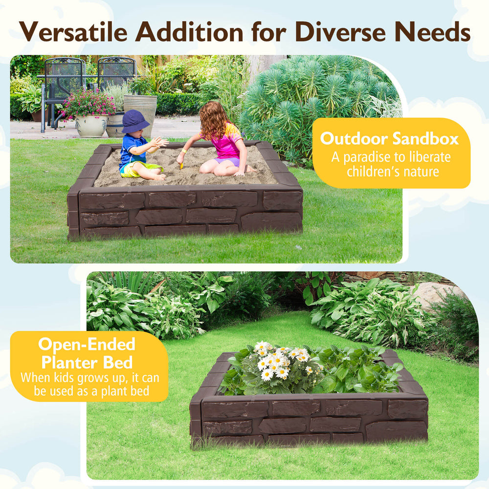 Kids 2-in-1 HDPE sandbox with cover, brown, perfect for outdoor play and can convert to a planter bed for gardening.