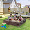 Kids playing in a brown HDPE sandbox with cover, designed for 1-4 children aged 3-12, enhancing creativity and motor.
