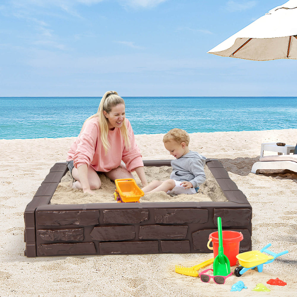 2-In-1 HDPE Kids Sandbox with Cover and Bottom Liner-Brown - Gallery View 1 of 10