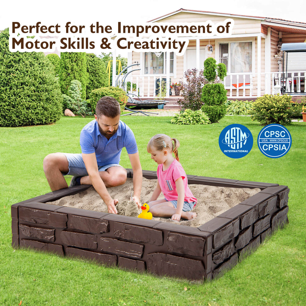Brown 2-in-1 HDPE kids sandbox with cover, perfect for outdoor play and enhancing motor skills for 1-4 children.