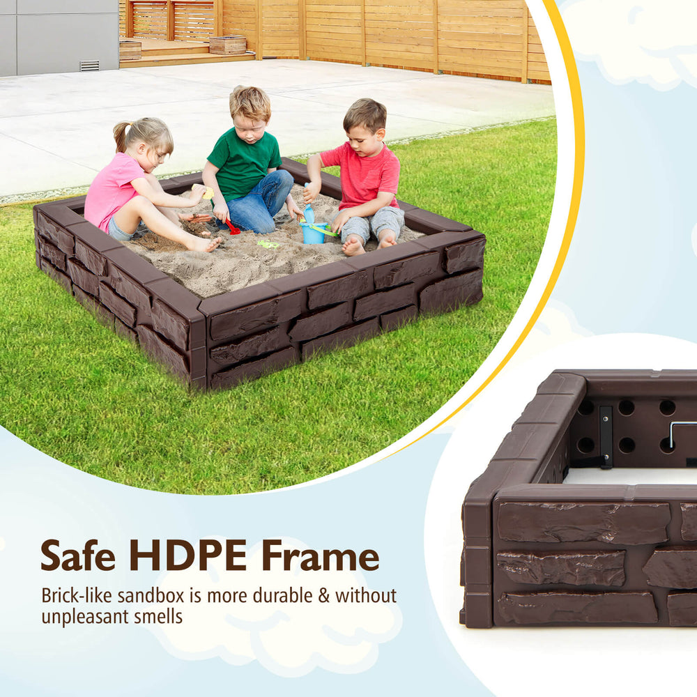Kids playing in the 2-in-1 HDPE brown sandbox with cover, designed for durability and creativity, suitable for ages.