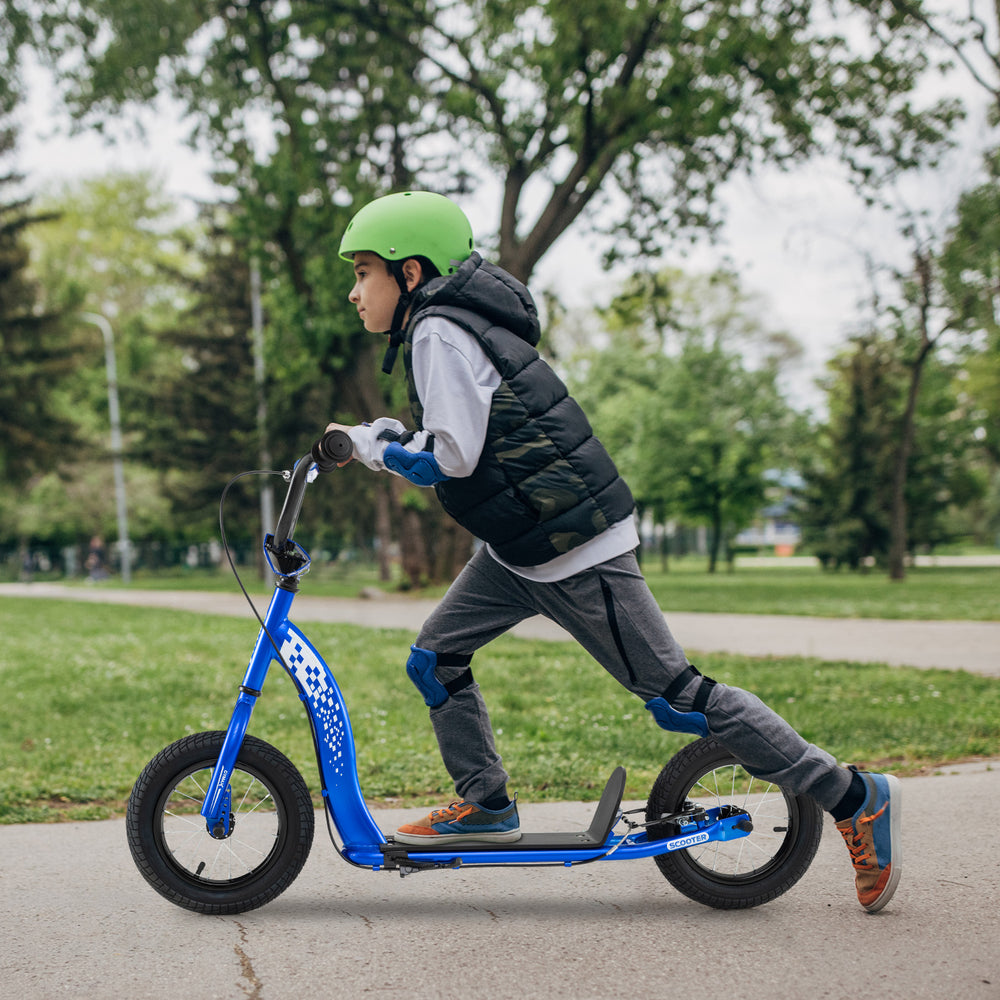 Kids scooter with adjustable handlebar, 12-inch inflatable wheels, and non-slip deck for outdoor adventures.