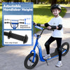 Kids scooter with adjustable handlebar height, 12-inch inflatable wheels, and non-slip deck for stable riding.