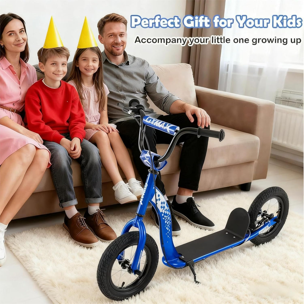 Kids scooter with adjustable handlebar and 12-inch inflatable wheels, perfect for outdoor adventures and active play.