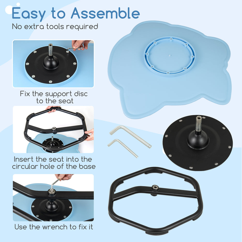 Kids sensory swivel chair in blue with non-slip metal base, featuring easy assembly and ergonomic design for comfort.
