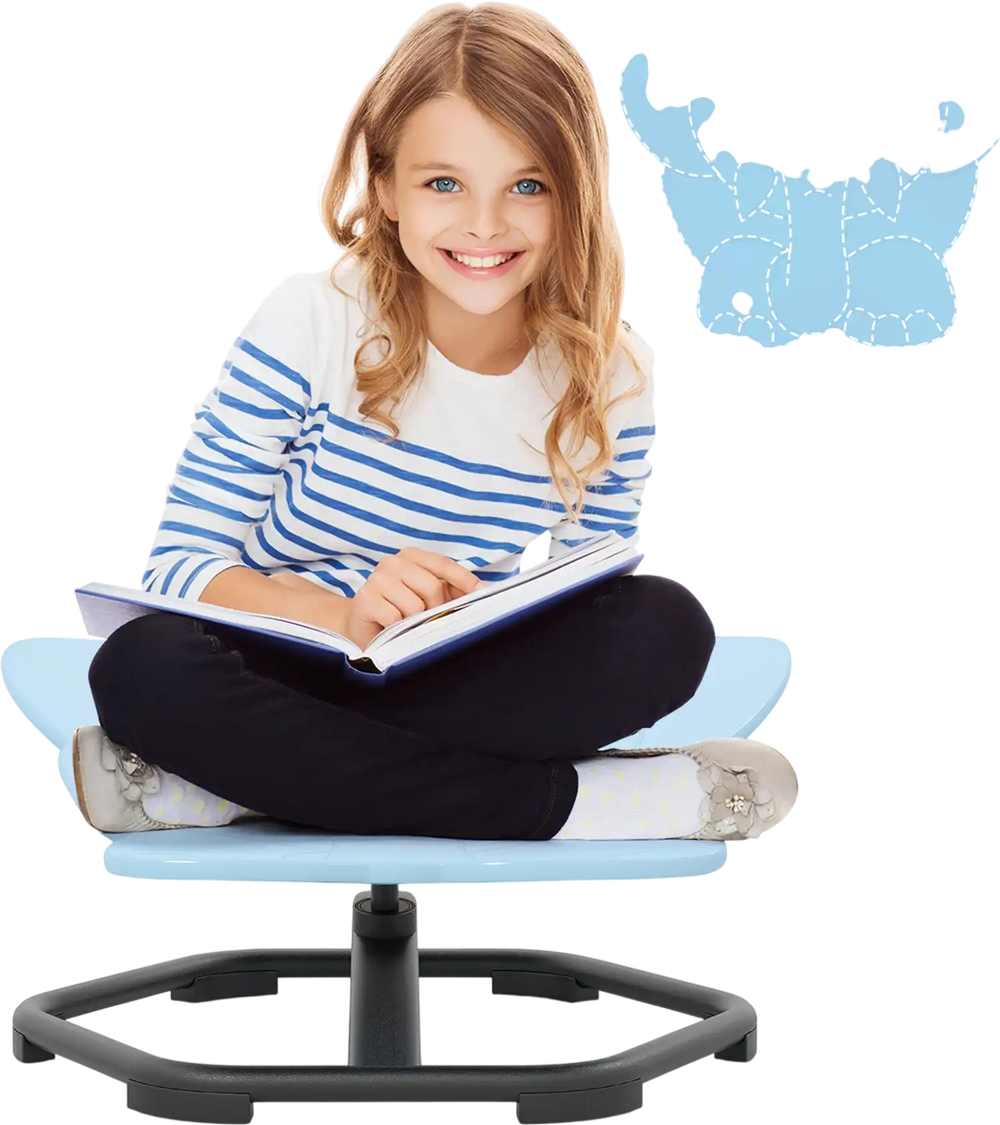 Kids sensory swivel chair in blue with non-slip metal base, promoting balance and coordination for playful sitting or.