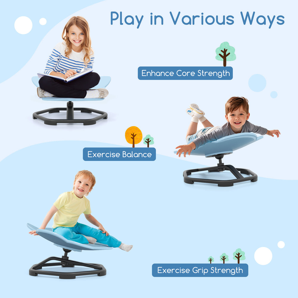 Kids Sensory Swivel Chair in blue, promoting grip strength and balance with a non-slip metal base for safe play.