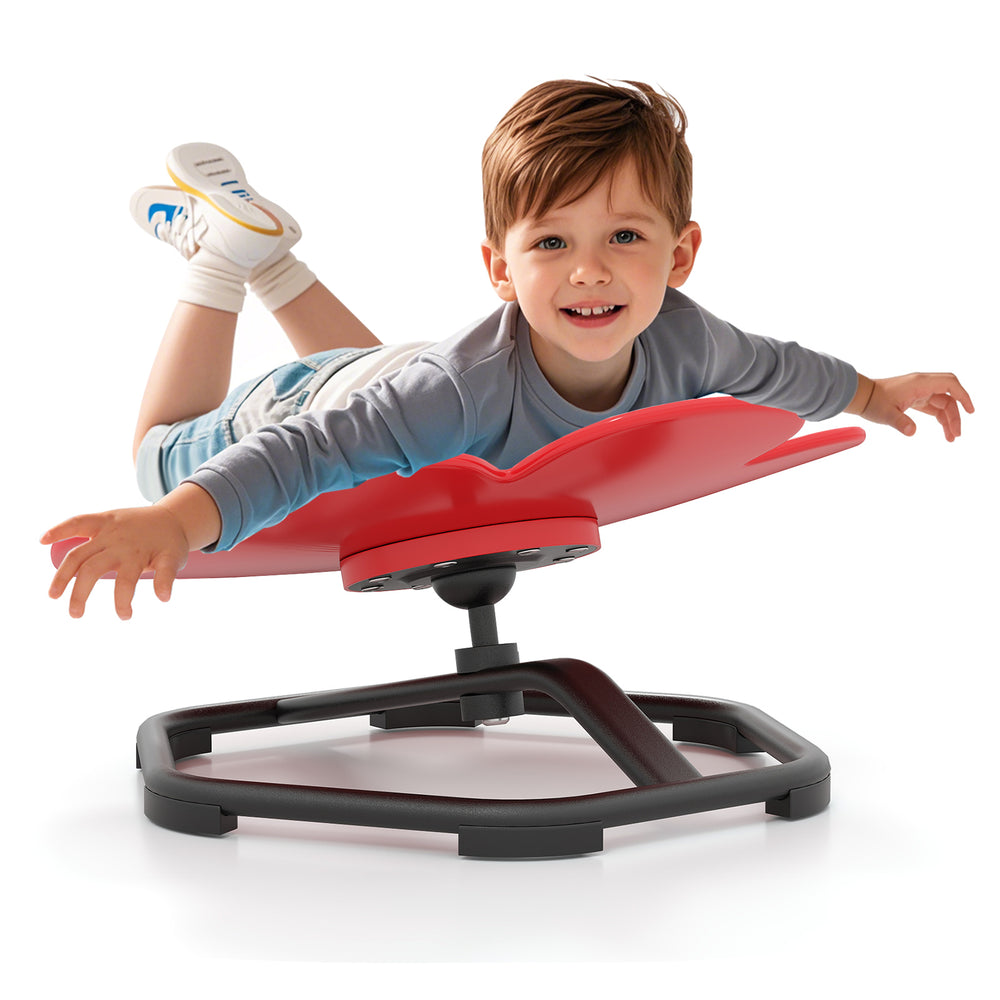 Kids sensory swivel chair in red, featuring an elephant petal design for 360° spinning and promoting balance and.