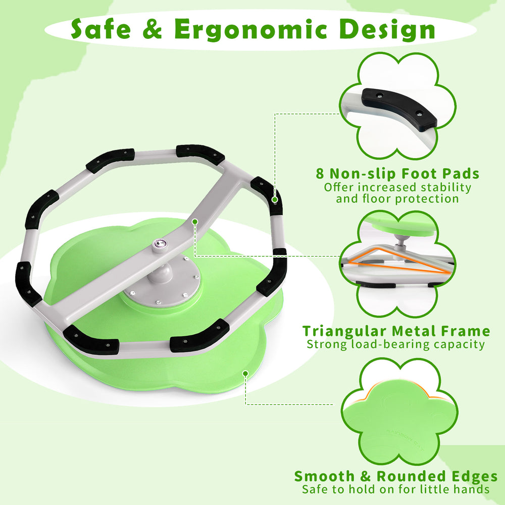 Kids sensory swivel chair in green with a non-slip metal base, designed for stability and ergonomic comfort.