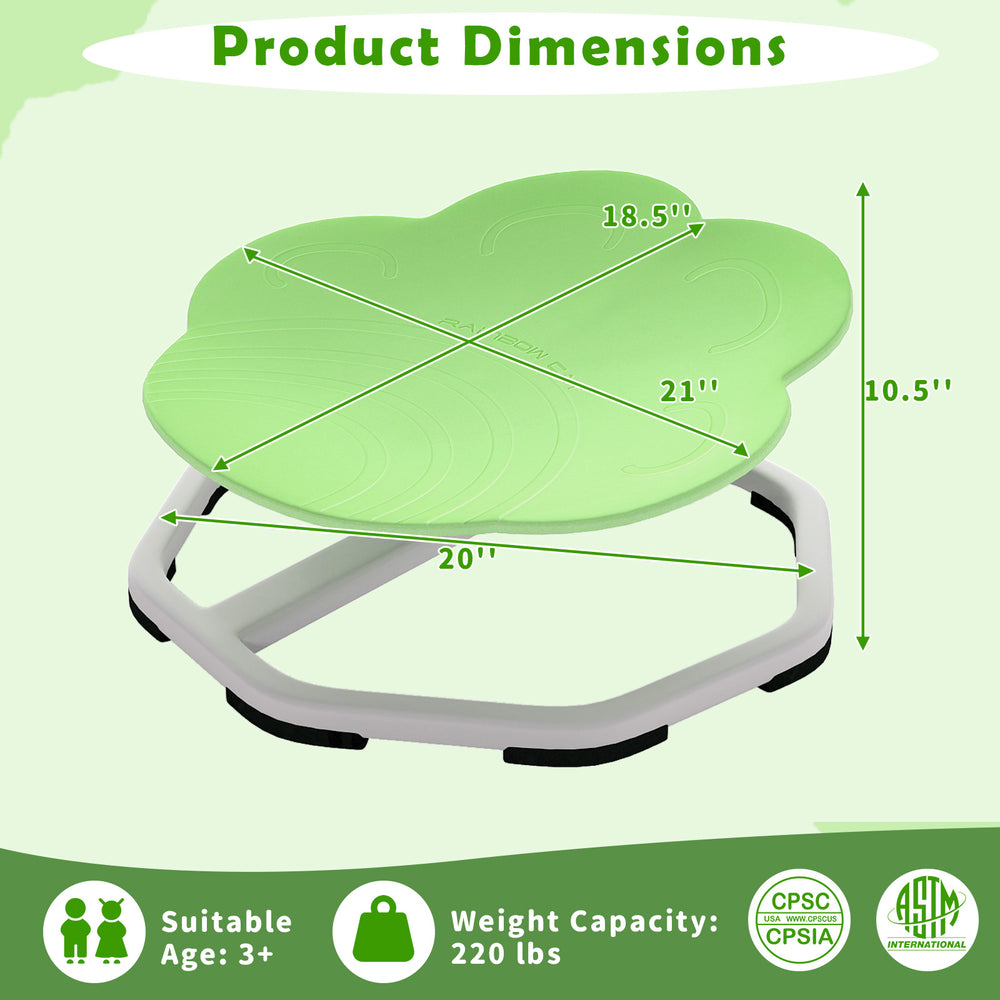 Green kids sensory swivel chair with non-slip metal base, promoting balance and coordination for ages 3 and up.