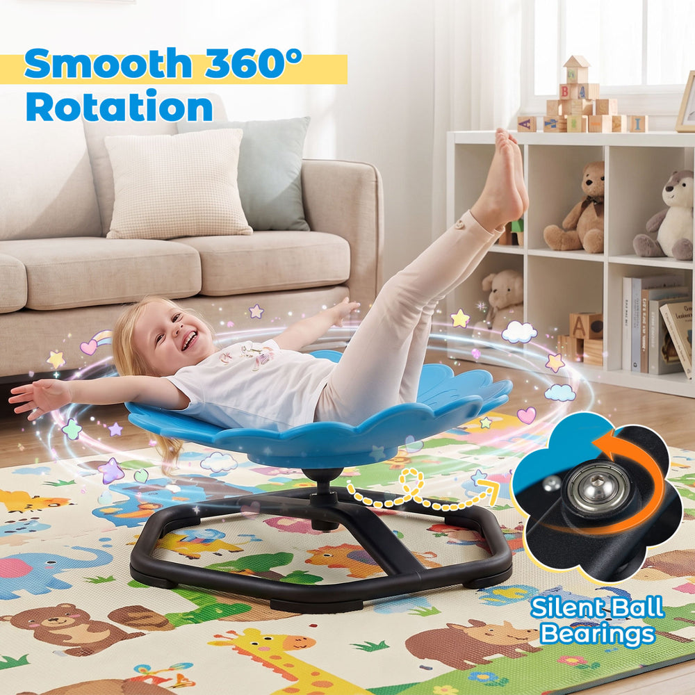 Kids sensory swivel chair in vibrant sunflower design with 360° rotation, ideal for calming indoor play and developing coordination.