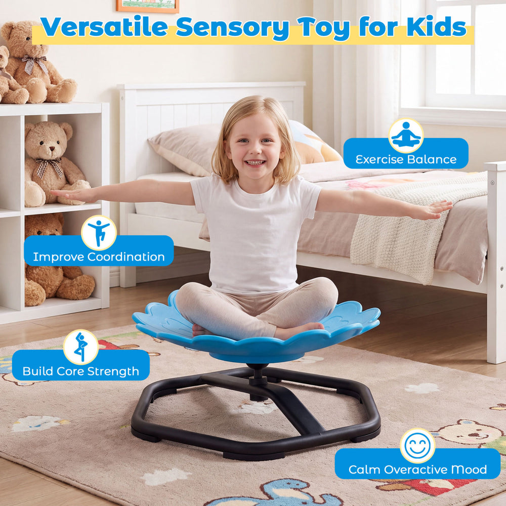Kids sensory swivel chair in vibrant sunflower shape with 360° rotation, designed to improve balance and coordination.