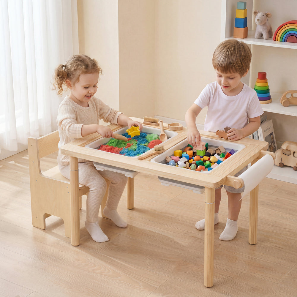 Kids sensory table set with adjustable height, two storage bins, and solid wood legs for engaging play activities.