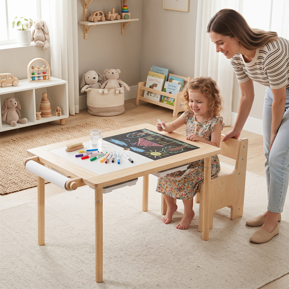Kids sensory table set with adjustable height, featuring a dual-sided tabletop and two storage bins for creative play.