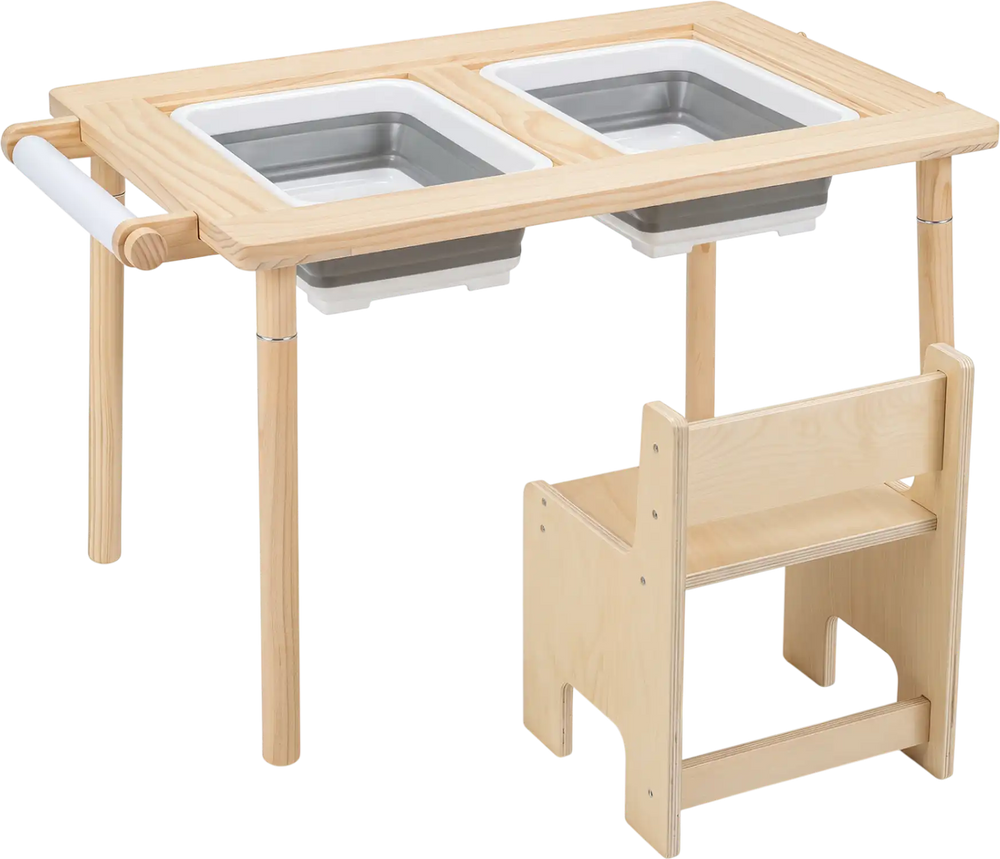Kids sensory table set with adjustable height, two storage bins, and solid wood legs for versatile play and storage.